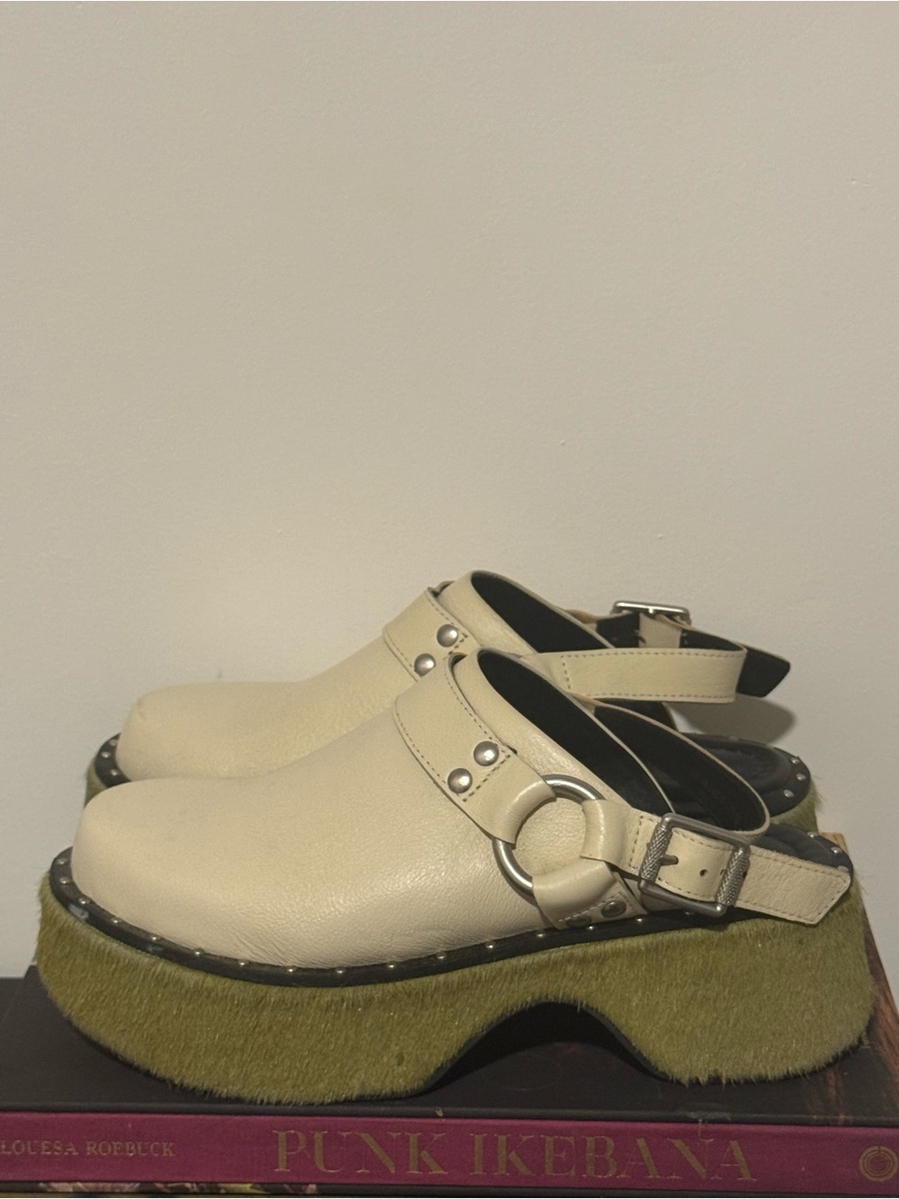FARM Rio Cream Slingback Platform Clogs with Green Fuzzy Sole
